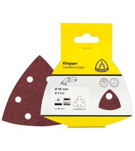 5 Feuilles abrasives triangulaires Klingspor 96 mm pour patin de ponçage d'outil multifonction - Ref 241658 - Grain 80