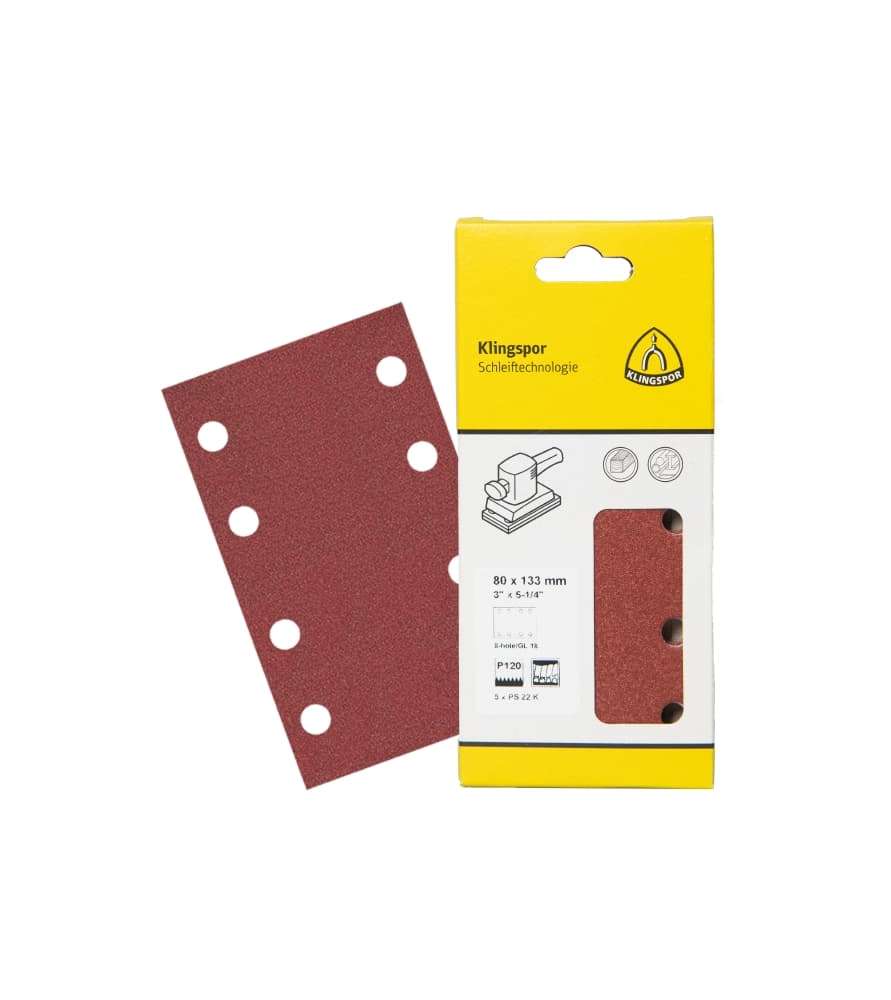 5 Feuilles abrasives rectangulaires Klingspor 115x230 mm pour ponceuse vibrante - Ref 369724 - Grain 80