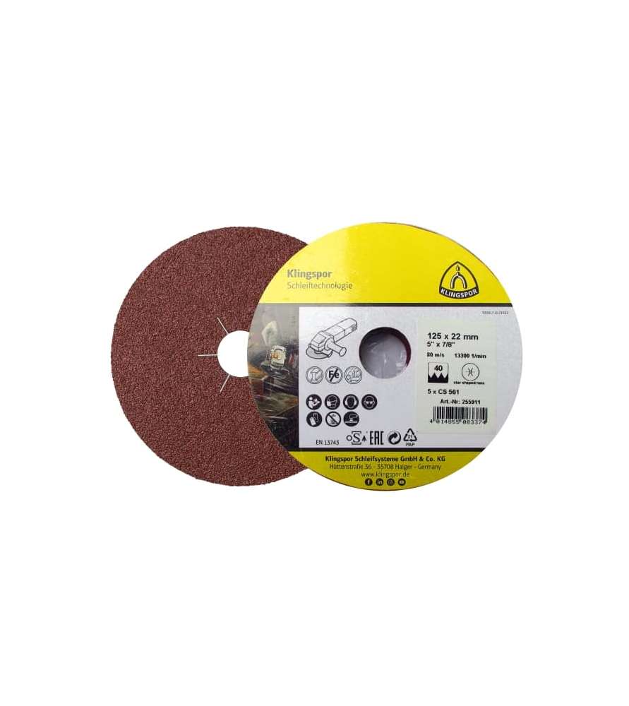 Disque fibre alésage étoilé dia.125x22 mm pour plateau de meuleuse ST358A Grain 40 - Lot de 5